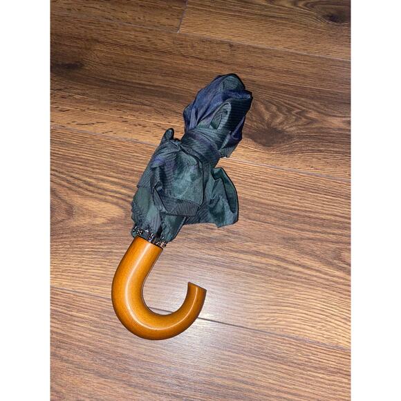 EUC Barbour Tartan Compact Umbrella | Green Blue Plaid w/ Wood curved Handle - Picture 10 of 10